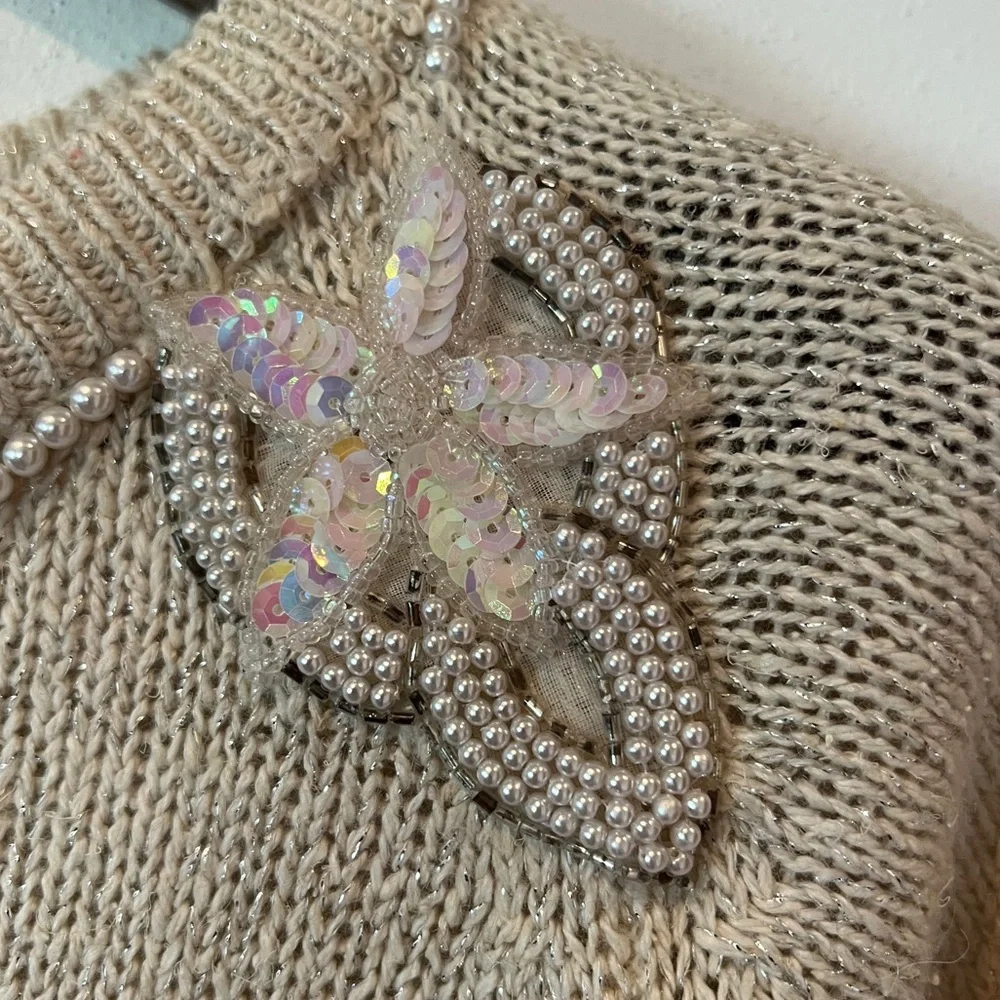 Vintage Extra Energy Beaded Collar Sequin Star Detail 3/4 Sleeve Sweater - Picture 7 of 10